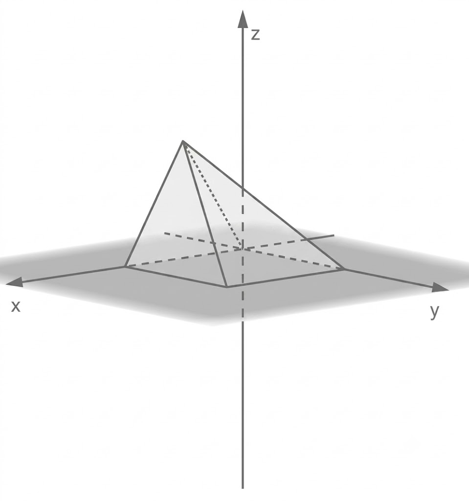 Pyramide in einem 3D-Koordinatensystem mit x-, y-, z-Achsen und gestrichelten Höhen- und Diagonallinien