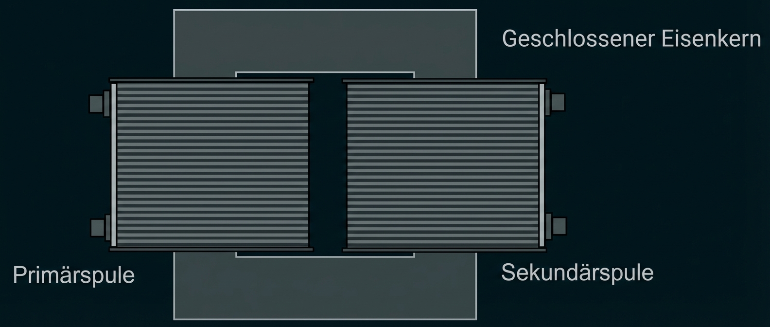 Schematische Ansicht eines Transformators mit Primär- und Sekundärspule und geschlossenem Eisenkern