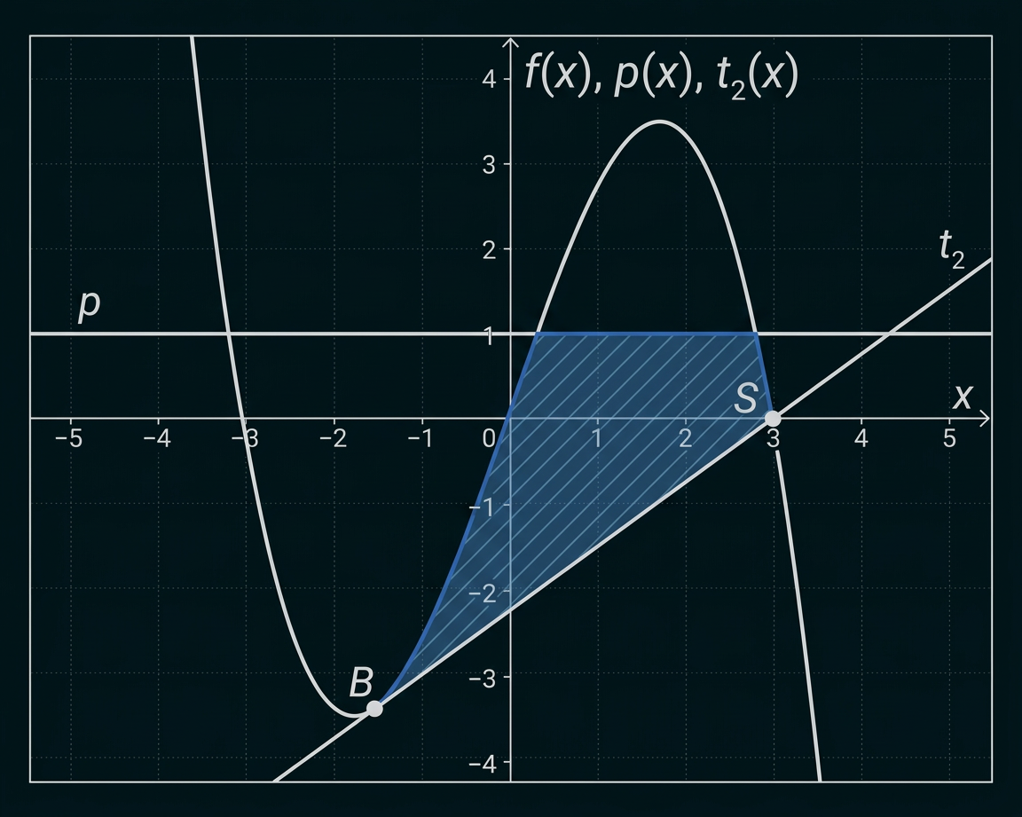 Koordinatensystem mit Graphen von f(x), p(x) und t₂(x) sowie schraffierter Fläche S zwischen den Kurven.