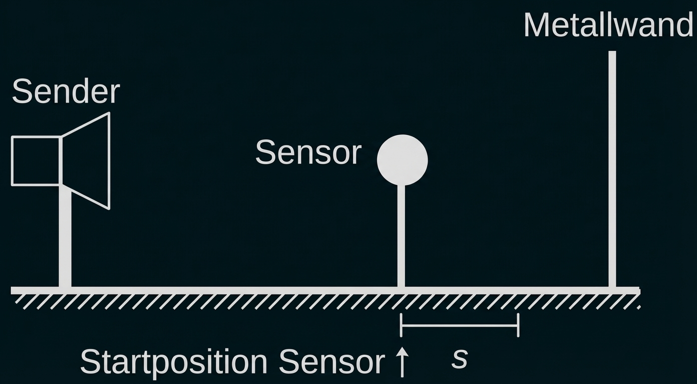 Schema: Sender links, Sensor mittig, Metallwand rechts, Bodenlinie und markierter Abstand s zur Startposition