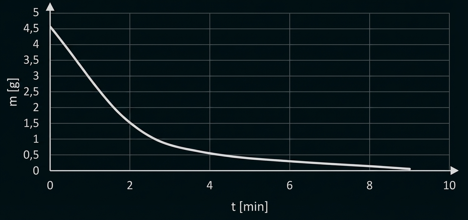Reaktion Calciumcarbonat Chlorwasserstoffsäure Kurvendiagramm: m [g] gegen t [min], Masse sinkt von ca. 4,5 g bei 0 min auf nahezu 0 g bei 10 min