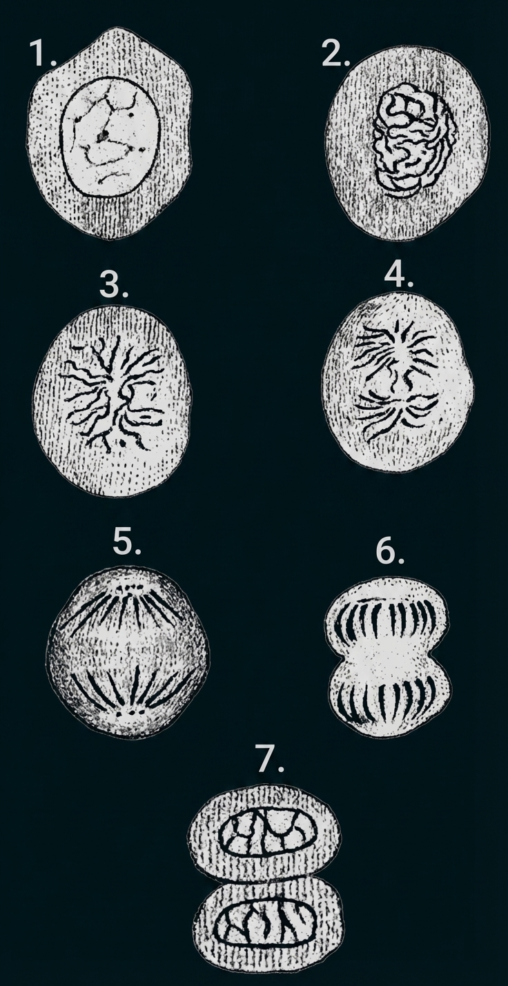 Schematische Zeichnung: sieben nummerierte Stadien der Zellteilung in runden Zellen.