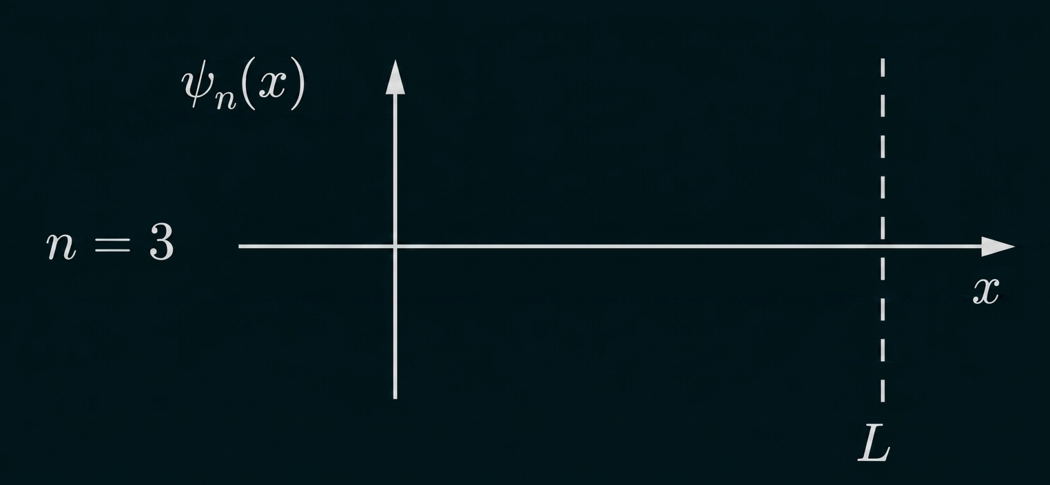 Koordinatensystem mit Beschriftung ψ_n(x), n=3, x-Achse und gestrichelter Linie bei x=L