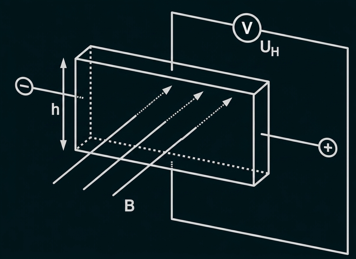 Schema einer Hallsonde im Magnetfeld mit Spannungs- und Stromanschlüssen