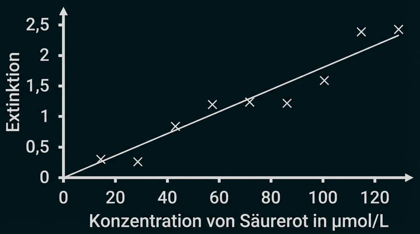 Diagramm photometrische Eichreihe: Extinktion gegen Konzentration von Säurerot (µmol/L) mit Messpunkten und linearer Trendlinie