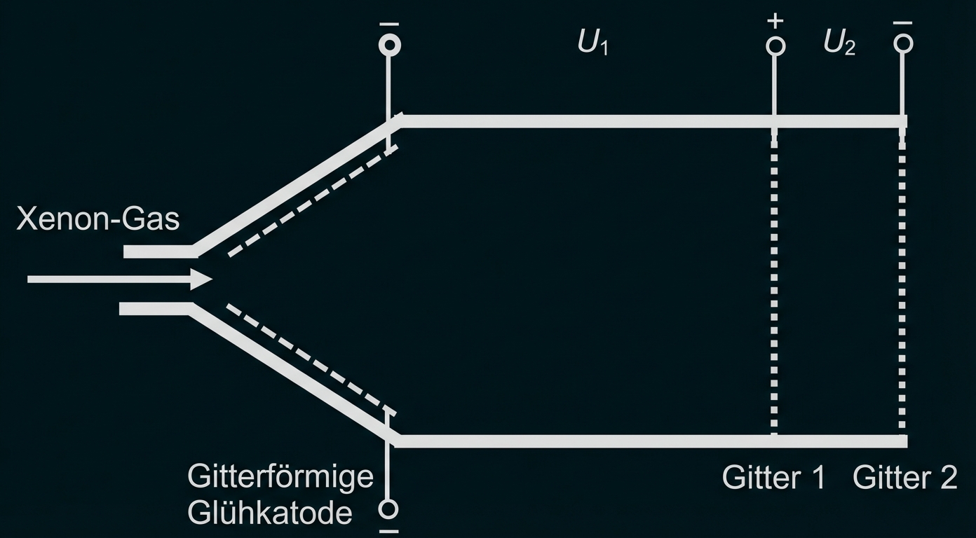 Schematische Darstellung: Xenon-Gas in zwei Kanälen, gitterförmige Glühkathode und zwei Gitter mit Spannungsanschlüssen.
