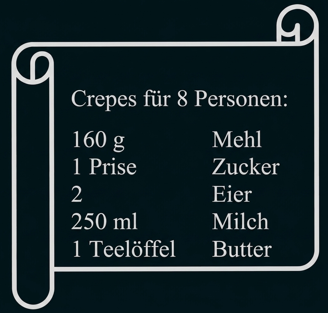 Rezeptgrafik für Crêpes mit Zutatenliste für 8 Personen.
