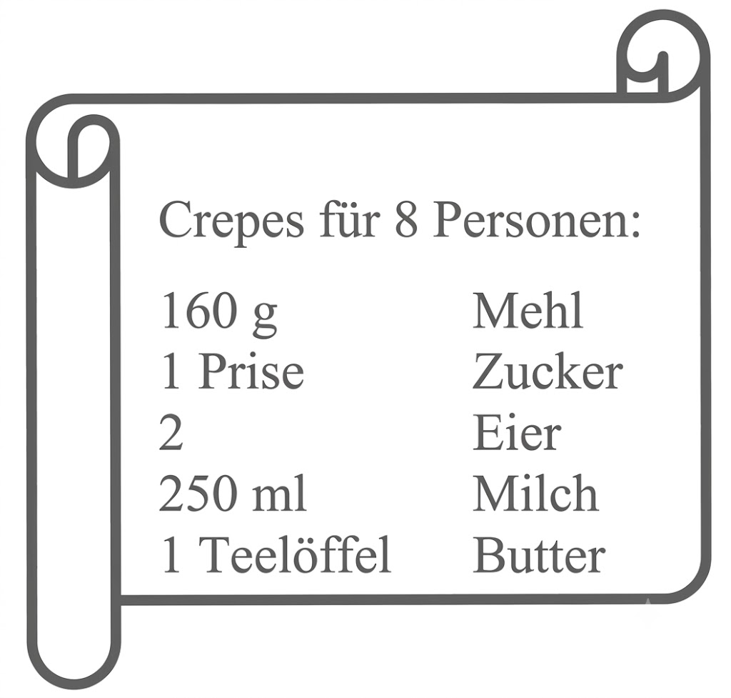 Rezeptgrafik für Crêpes mit Zutatenliste für 8 Personen.
