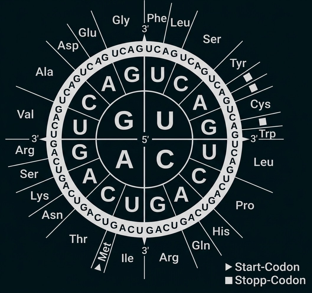 Codon-Rad mit RNA-Codons und zugeordneten Aminosäuren, Markierung von Start- und Stopp-Codons.