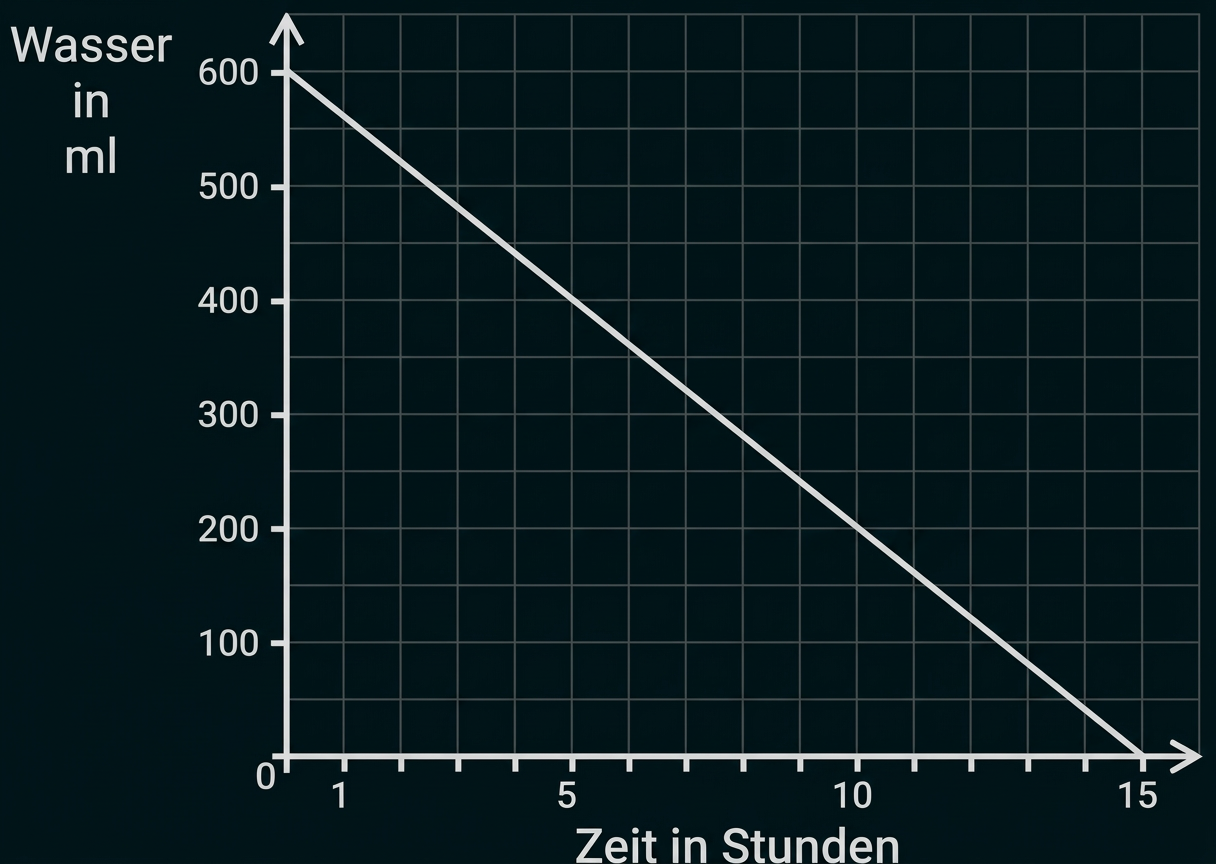 Diagramm: Wassermenge sinkt linear von 600 ml auf 0 ml innerhalb von 15 Stunden.