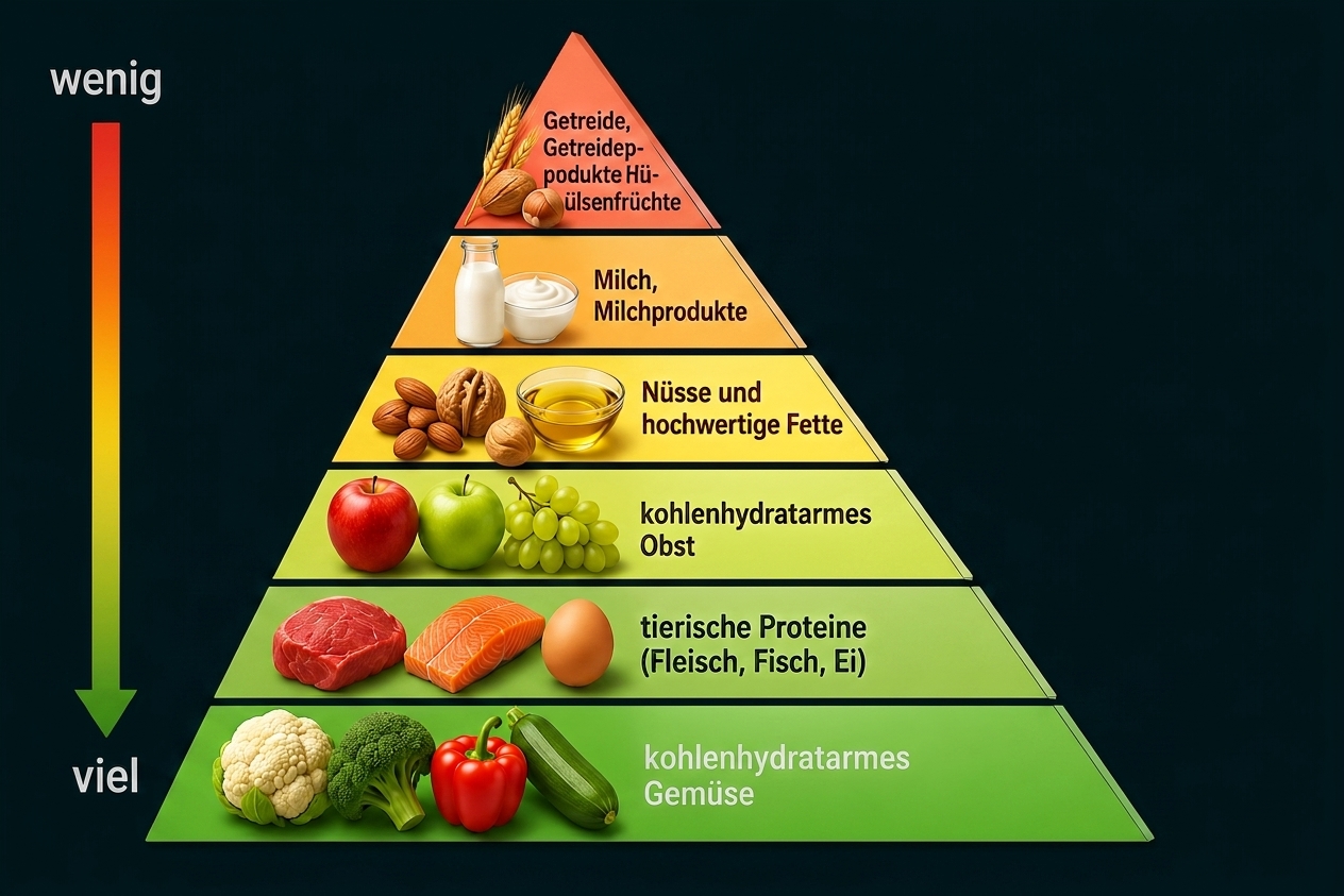 Ernährungspyramide: Basis viel Gemüse, dann Fleisch/Fisch/Ei, Obst, Nüsse/Fette, Milch, Getreide oben (weniger)