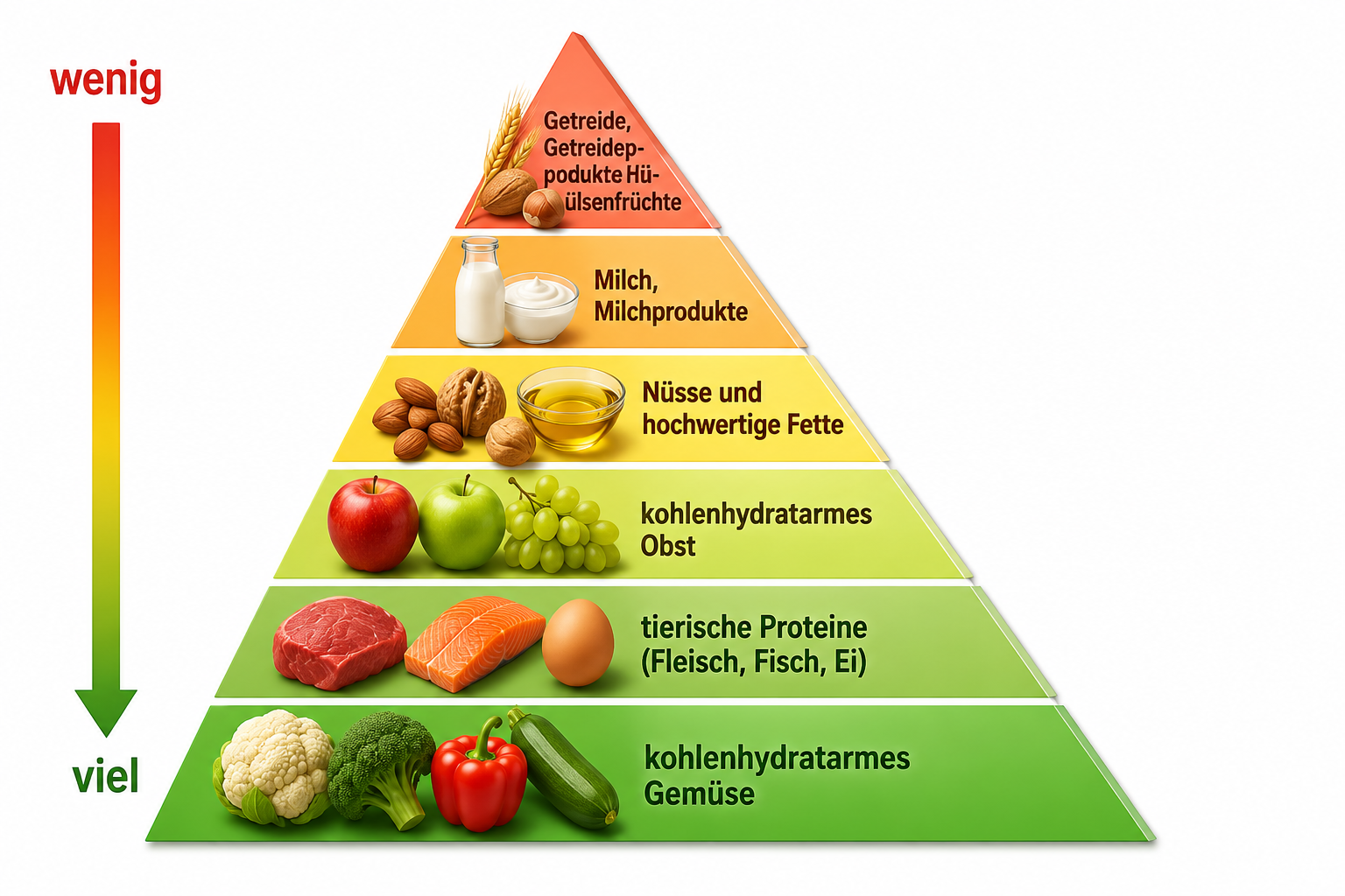 Ernährungspyramide: Basis viel Gemüse, dann Fleisch/Fisch/Ei, Obst, Nüsse/Fette, Milch, Getreide oben (weniger)