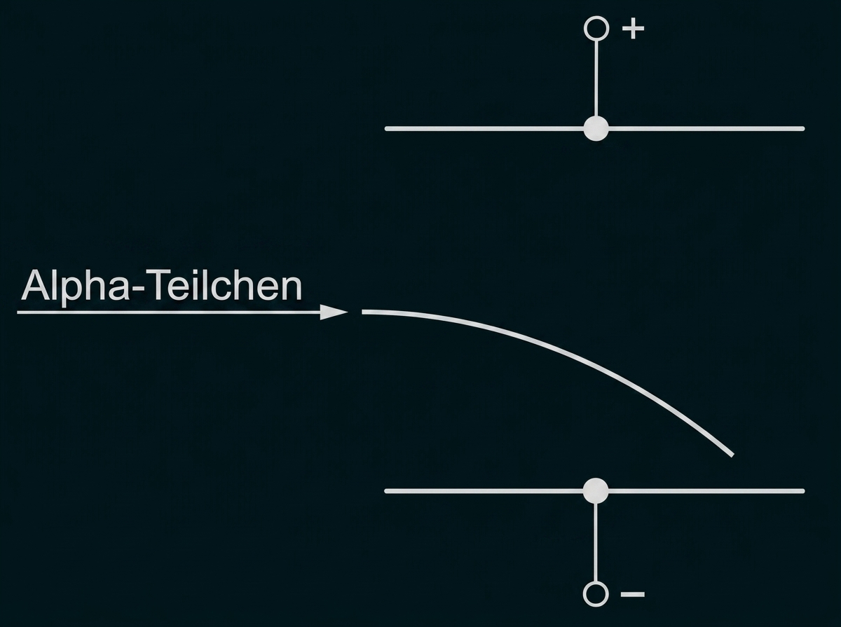 Schematische Darstellung: Alpha-Teilchen werden im elektrischen Feld von Plus nach Minus abgelenkt.
