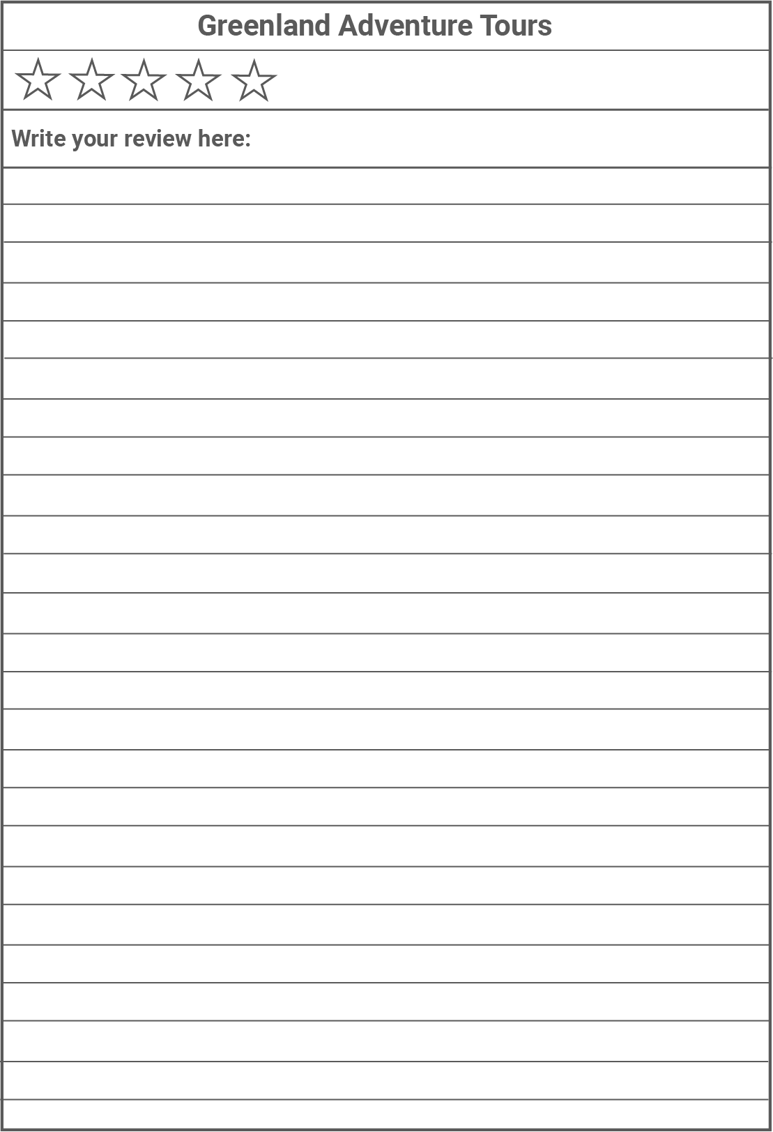 Bewertungsformular für Greenland Adventure Tours mit Sterne-Bewertung und Platz für Rezensionen.