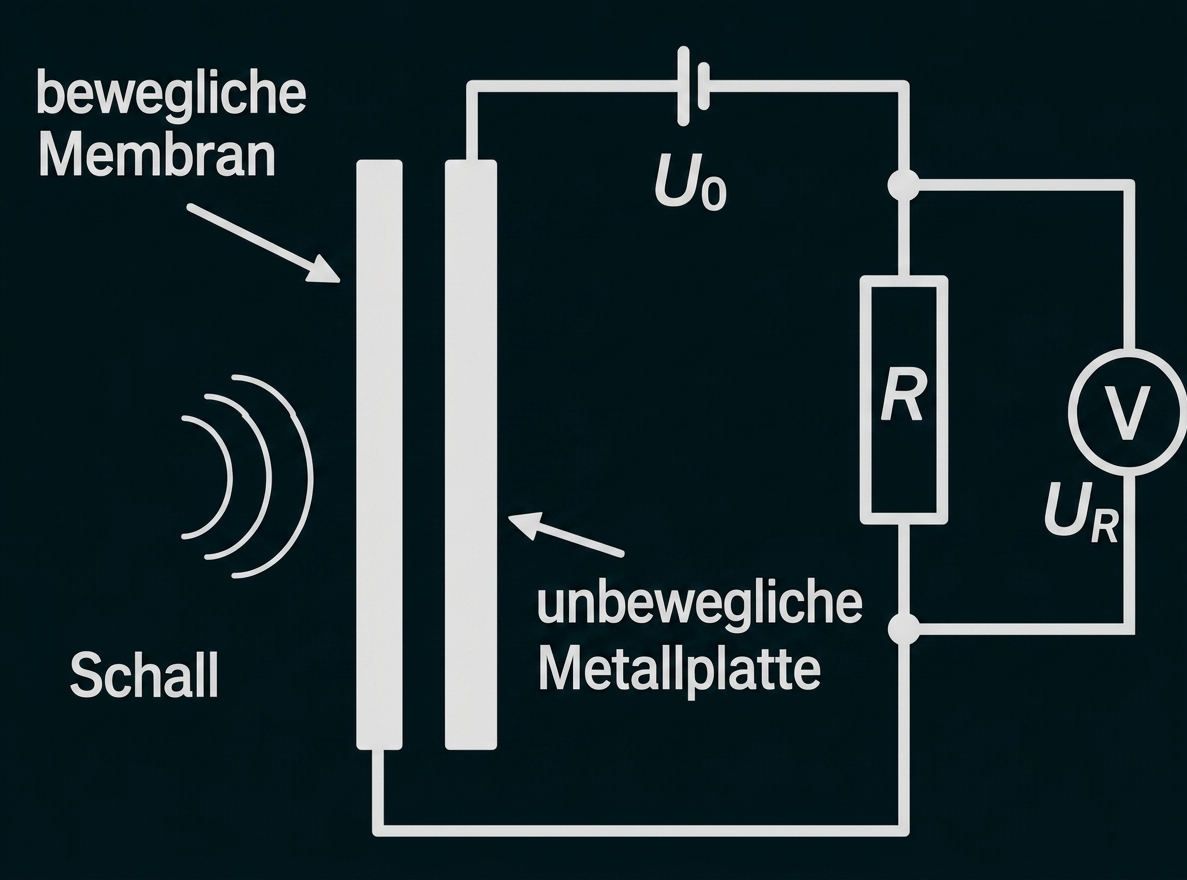 Schema einer beweglichen Membran mit Schall und elektrischer Messschaltung