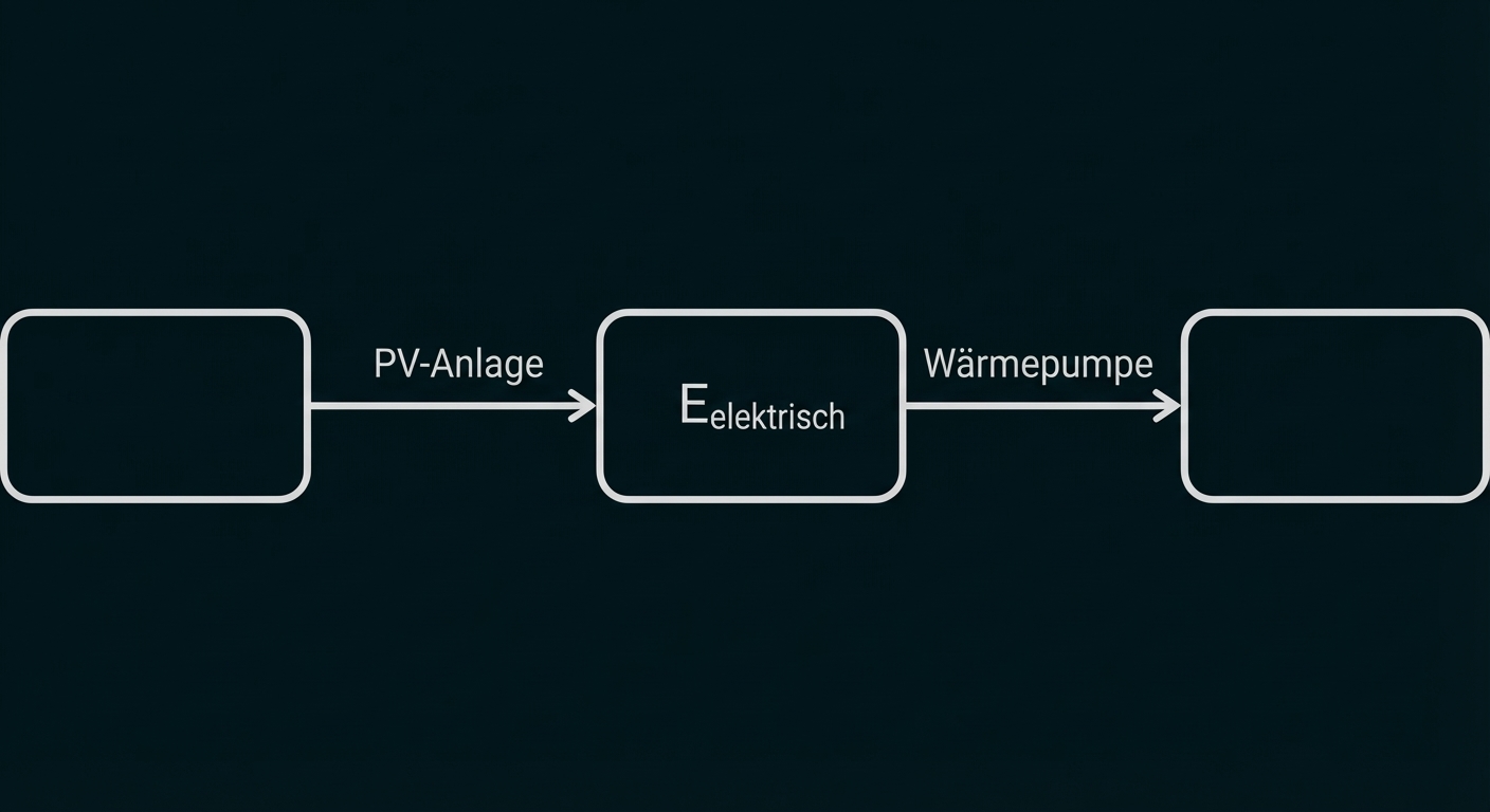 Diagramm: PV-Anlage → elektrisch (E) → Wärmepumpe, drei Kästen mit Pfeilen