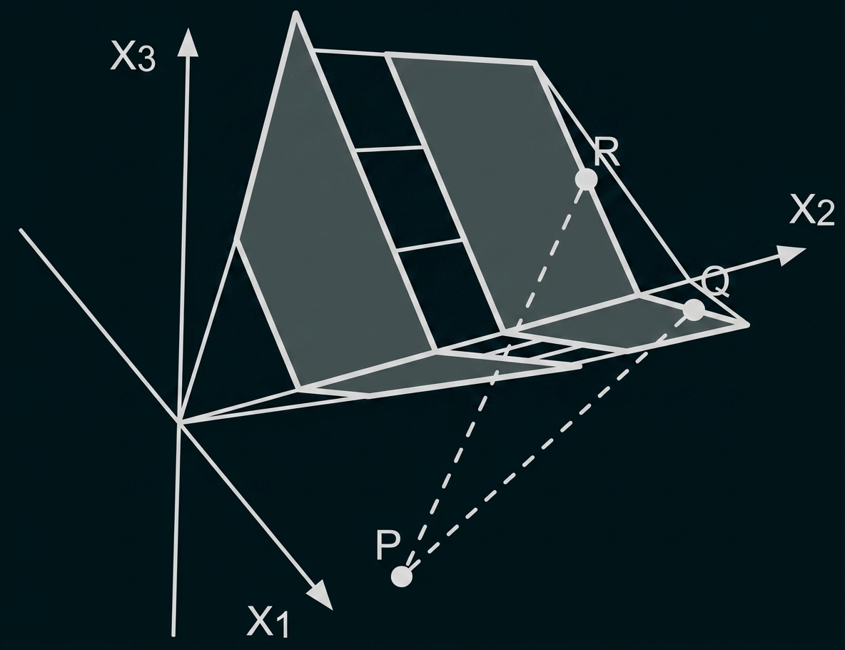 3D-Skizze: Koordinatenachsen X1,X2,X3, geneigte Flächen und markierte Punkte P, Q, R mit gestrichelten Projektionslinien.