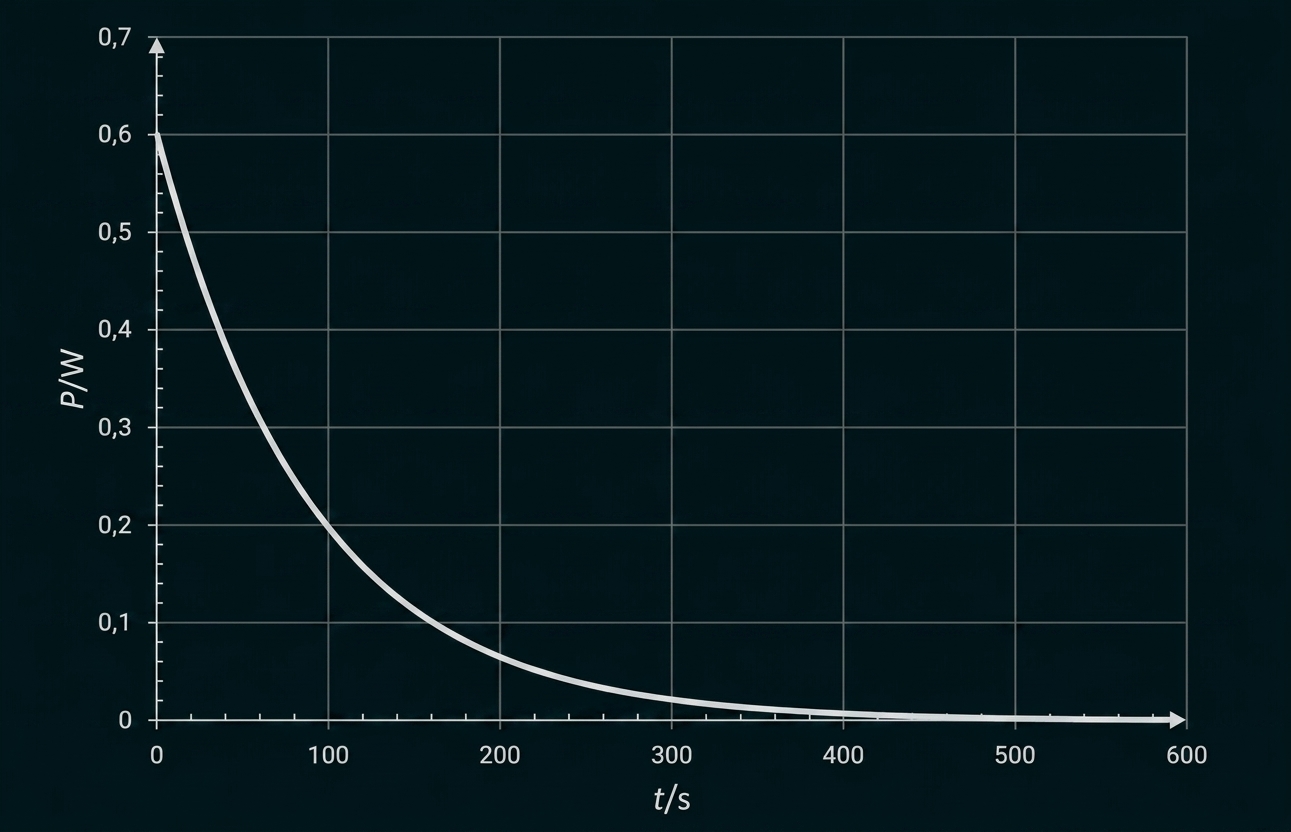 Graph: Exponentiell abklingende Kurve P/W gegen t/s, von ~0,6 bei 0 s auf nahe 0 bei 600 s.