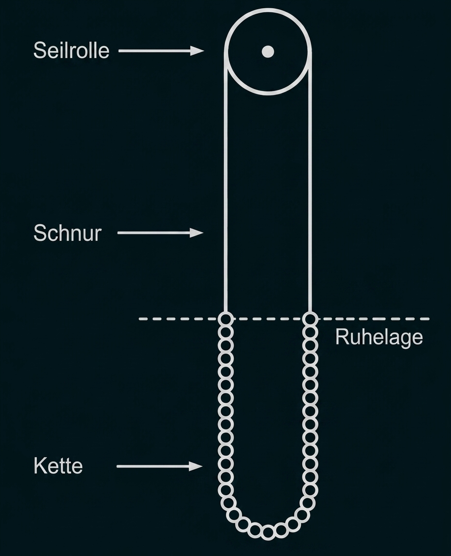 Seilrolle mit Schnur und hängender Kette in U‑Form, Ruhelage markiert.