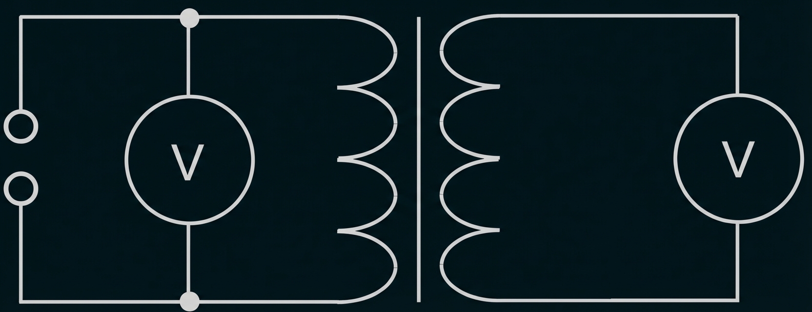 Schematische Darstellung eines Transformators mit Primär- und Sekundärspule und angeschlossenen Voltmessern