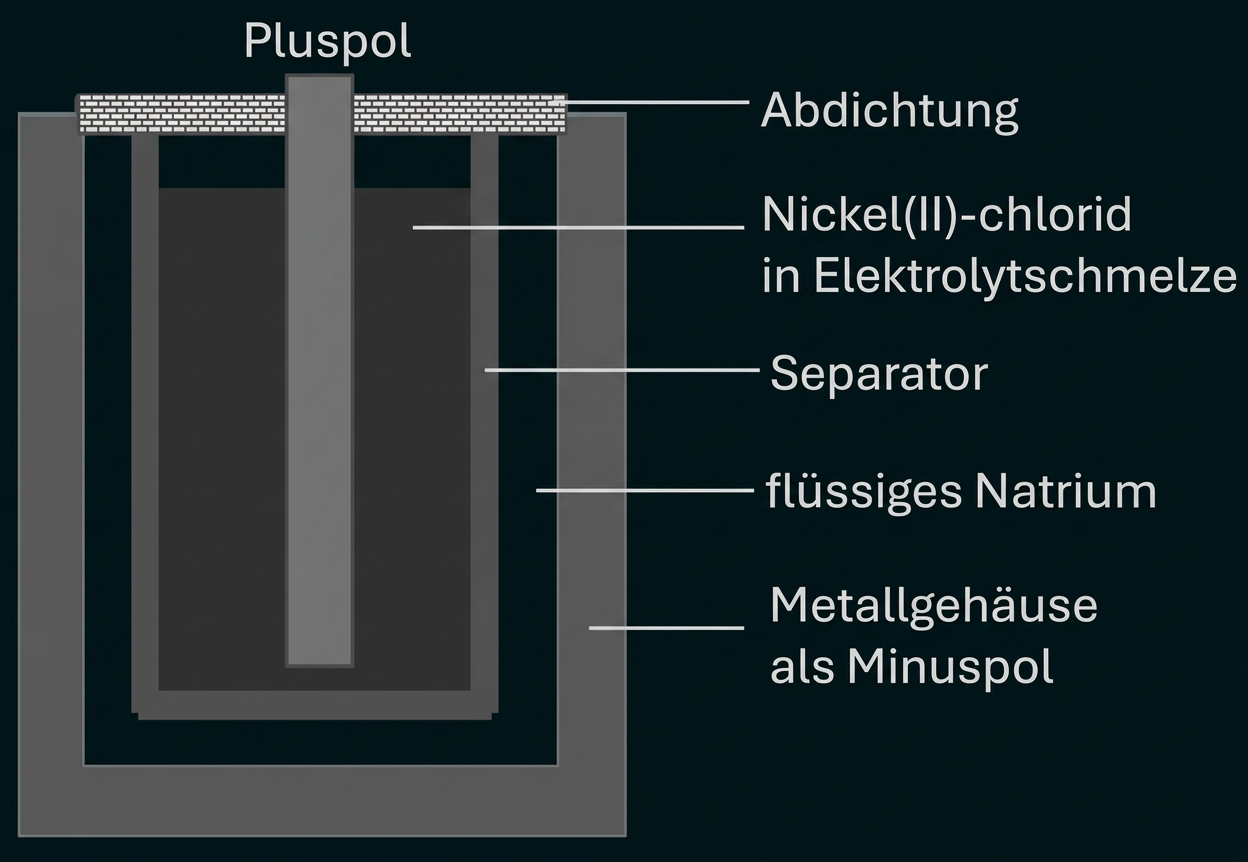 Schema einer Natrium-Nickelchlorid-Batterie mit Pluspol, Minuspol, Separator und Elektrolytschmelze.