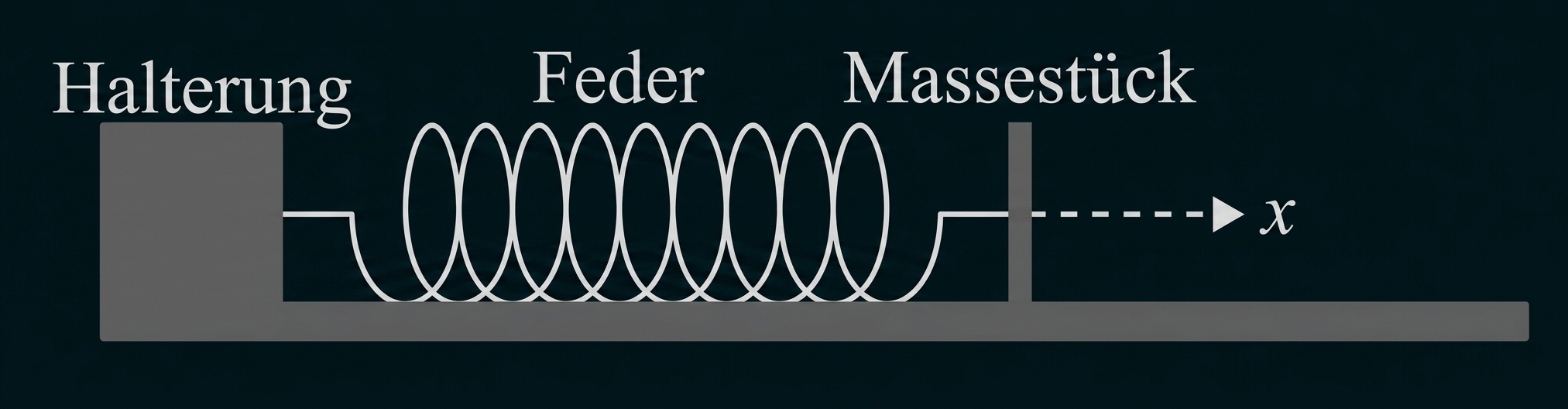 Feder zwischen Halterung und Massestück auf Unterlage, Pfeil zeigt Auslenkung x
