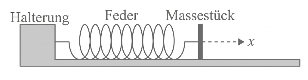 Feder zwischen Halterung und Massestück auf Unterlage, Pfeil zeigt Auslenkung x