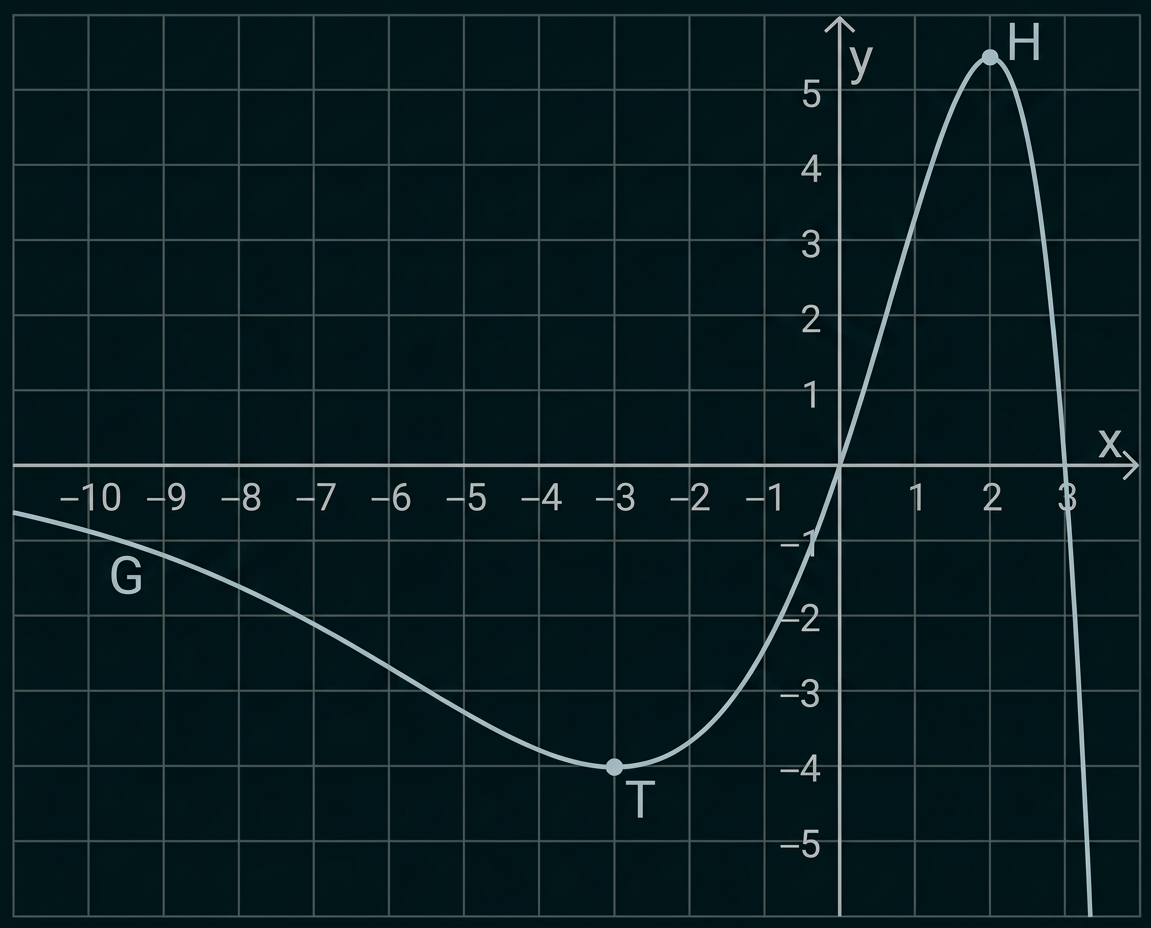 Koordinatensystem mit einem Graphen, der bei T ein Tiefpunkt und bei H ein Hochpunkt hat.