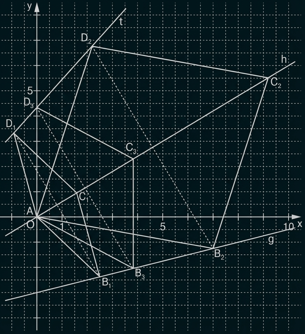 Gepunktetes Koordinatensystem mit Ursprung, Achsen, mehreren markierten Punkten, Linien und verbundenen Dreiecken.