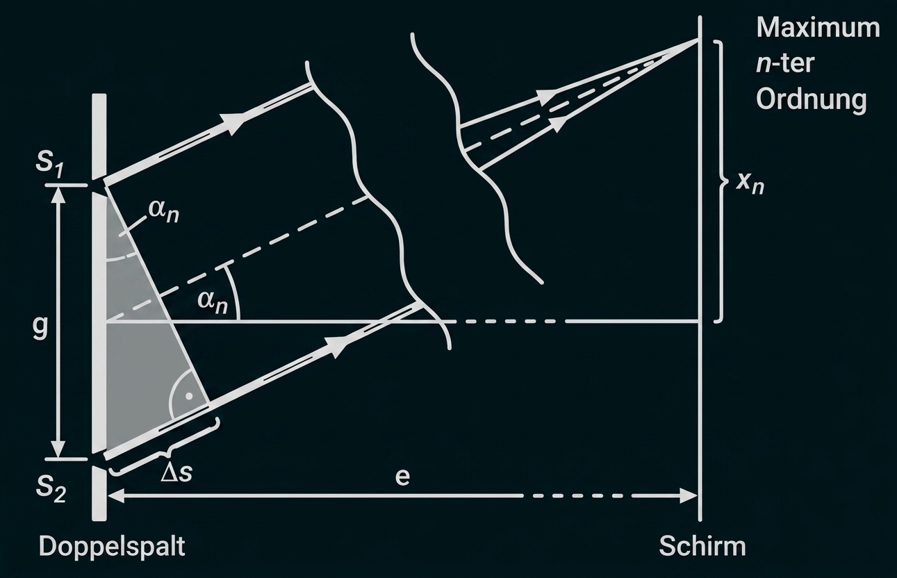 Skizze zum Doppelspalt mit Interferenz und Schirm, markierten Winkeln und Maxima verschiedener Ordnung