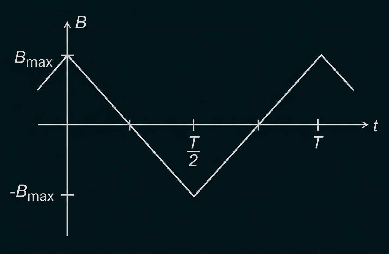 Dreiecksignal B(t) über Zeit t, Amplitude ±Bmax, lineares Ansteigen/Abfallen, Halbperiode T/2 und Periode T