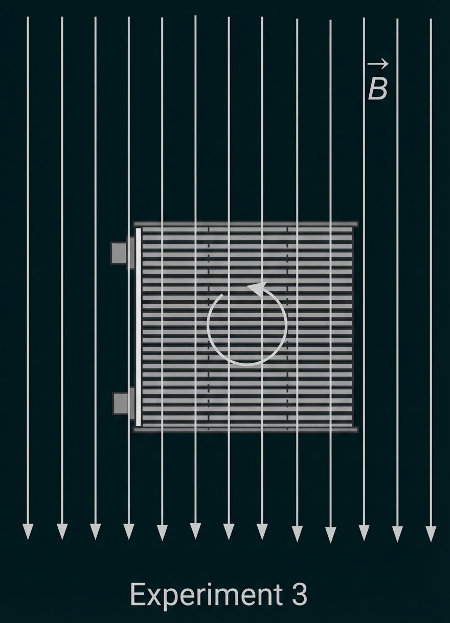 Draufsicht einer quadratischen Leiterschleife im senkrechten Magnetfeld, Feldlinien zeigen nach unten, Pfeil im Inneren markiert Richtung.