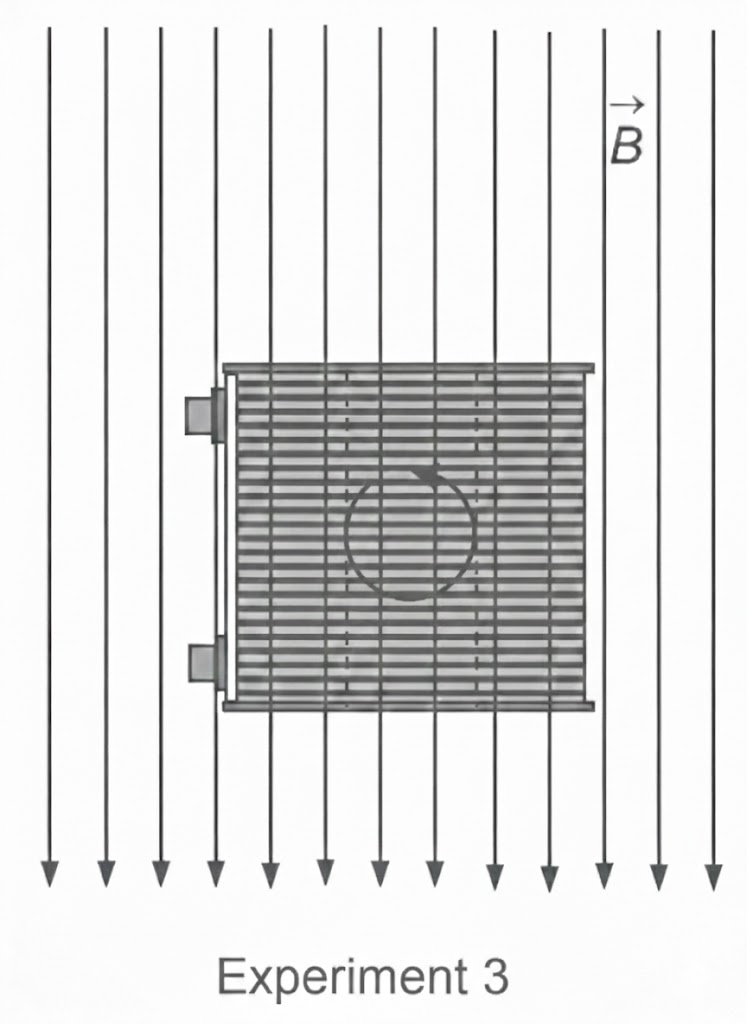 Draufsicht einer quadratischen Leiterschleife im senkrechten Magnetfeld, Feldlinien zeigen nach unten, Pfeil im Inneren markiert Richtung.