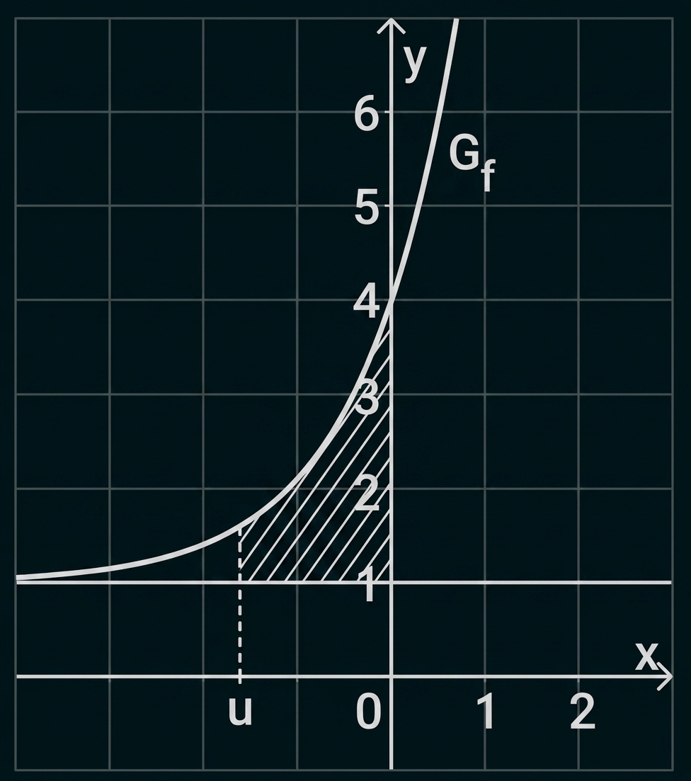 Koordinatensystem mit steigender Kurve Gf, schraffierte Fläche zwischen Kurve und y‑Achse, gestrichelte Linie bei x=u links von 0.