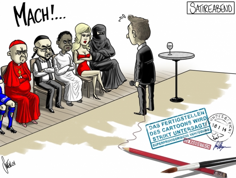 Karikatur eines Satireabends mit verschiedenen Charakteren als Publikum und einem Komiker auf der Bühne.