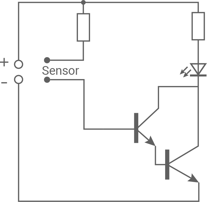 Einfacher Schaltplan: Sensor-Eingang, zwei Transistoren, LED, Widerstände und Batterie.