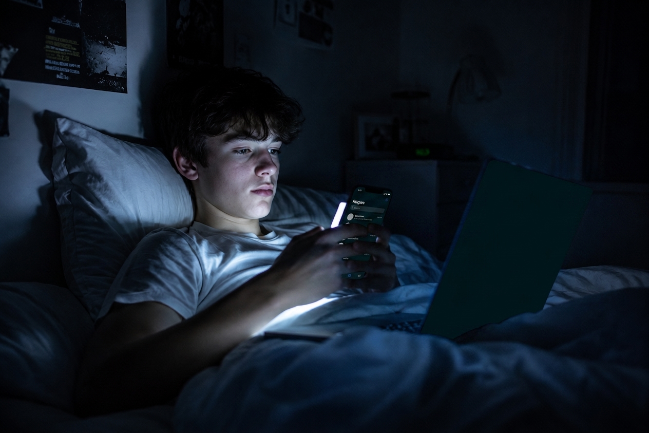 Teenager liegt nachts im Bett, blickt auf sein Smartphone, Laptop leuchtet neben ihm.