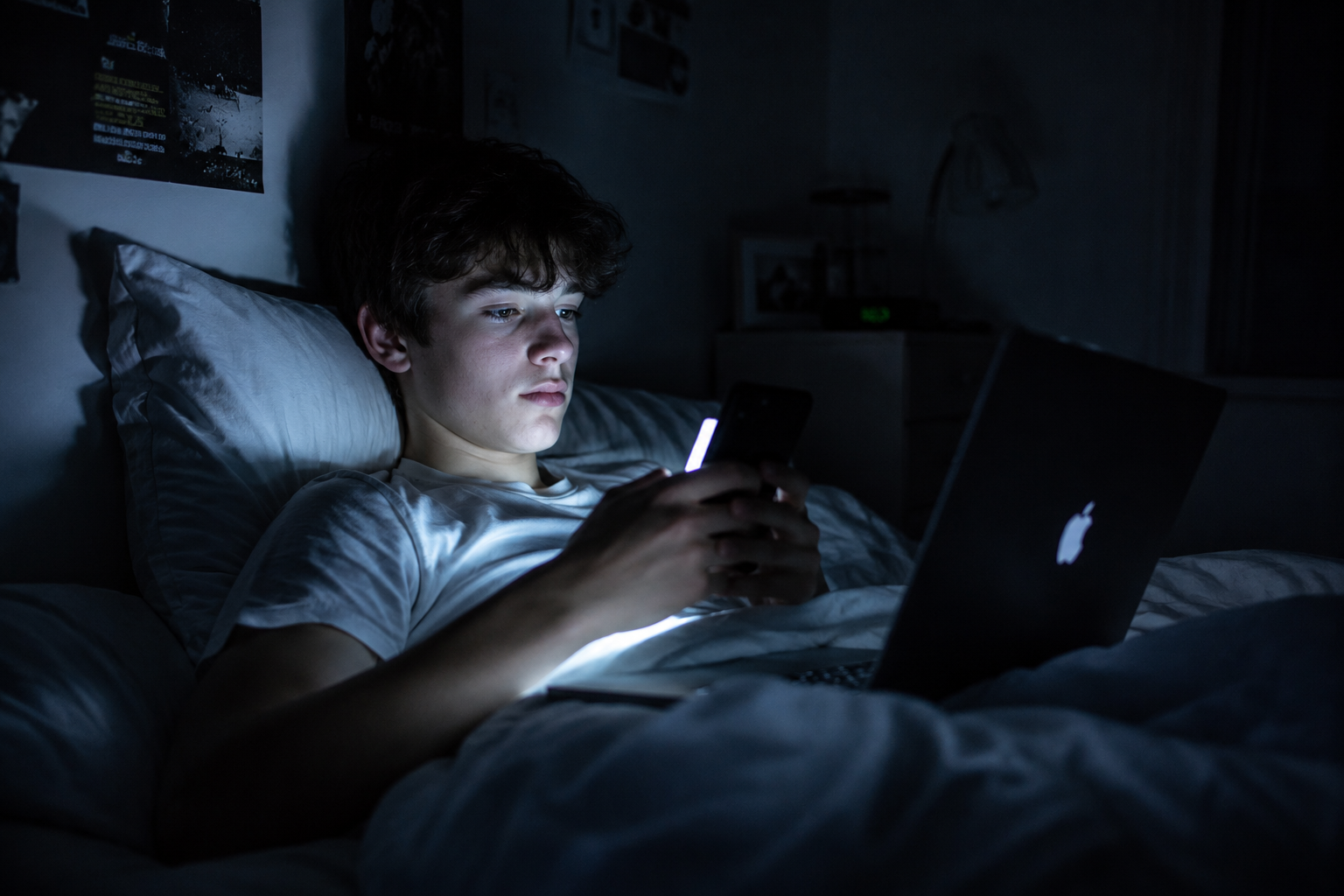Teenager liegt nachts im Bett, blickt auf sein Smartphone, Laptop leuchtet neben ihm.