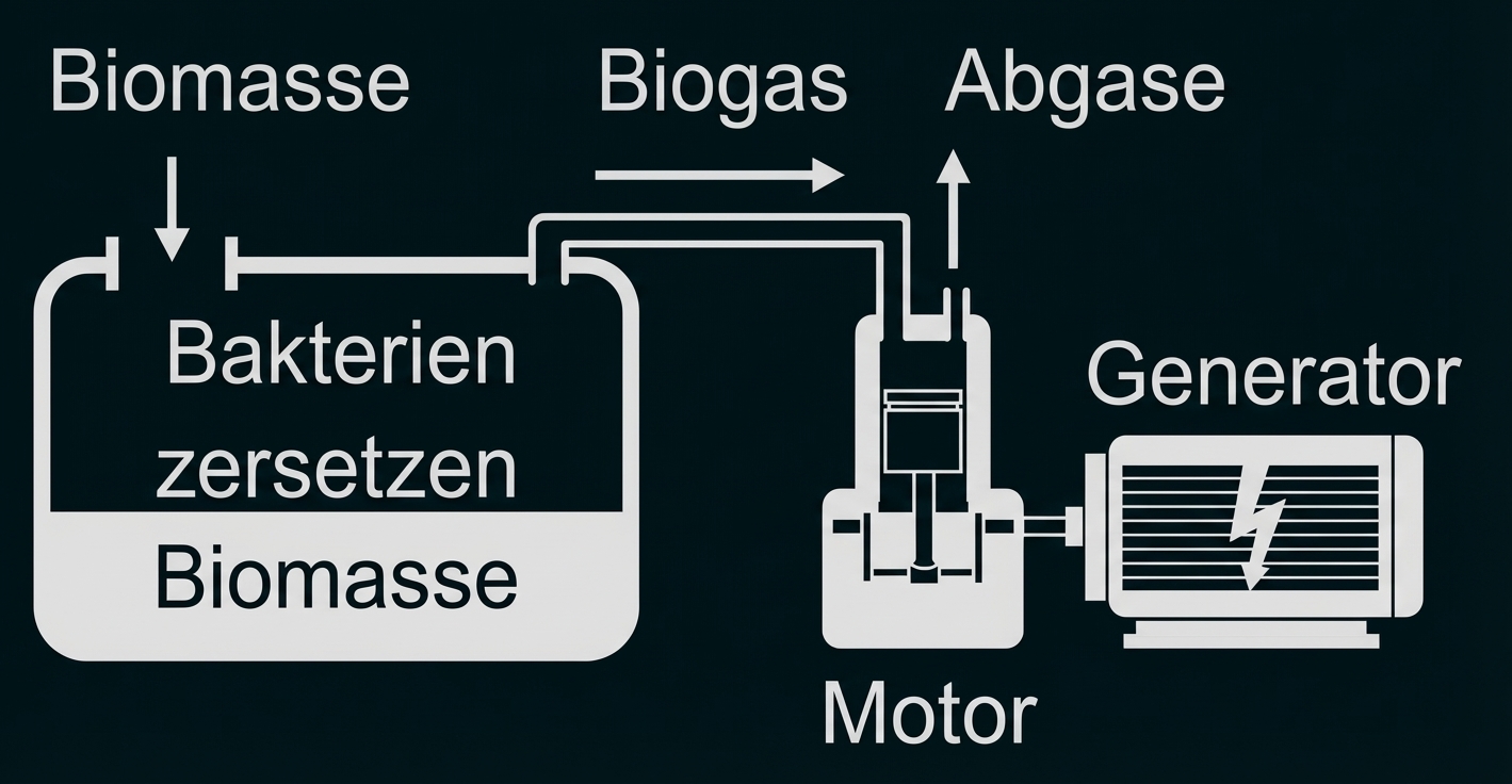Schematische Biogasanlage mit Fermenter, Biogasleitung, Motor und Generator.