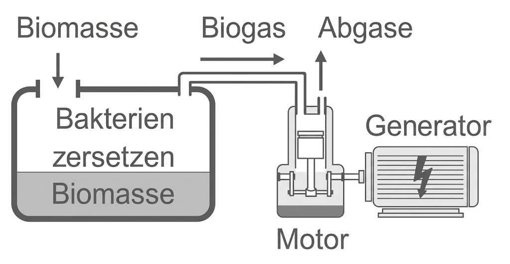 Schematische Biogasanlage mit Fermenter, Biogasleitung, Motor und Generator.
