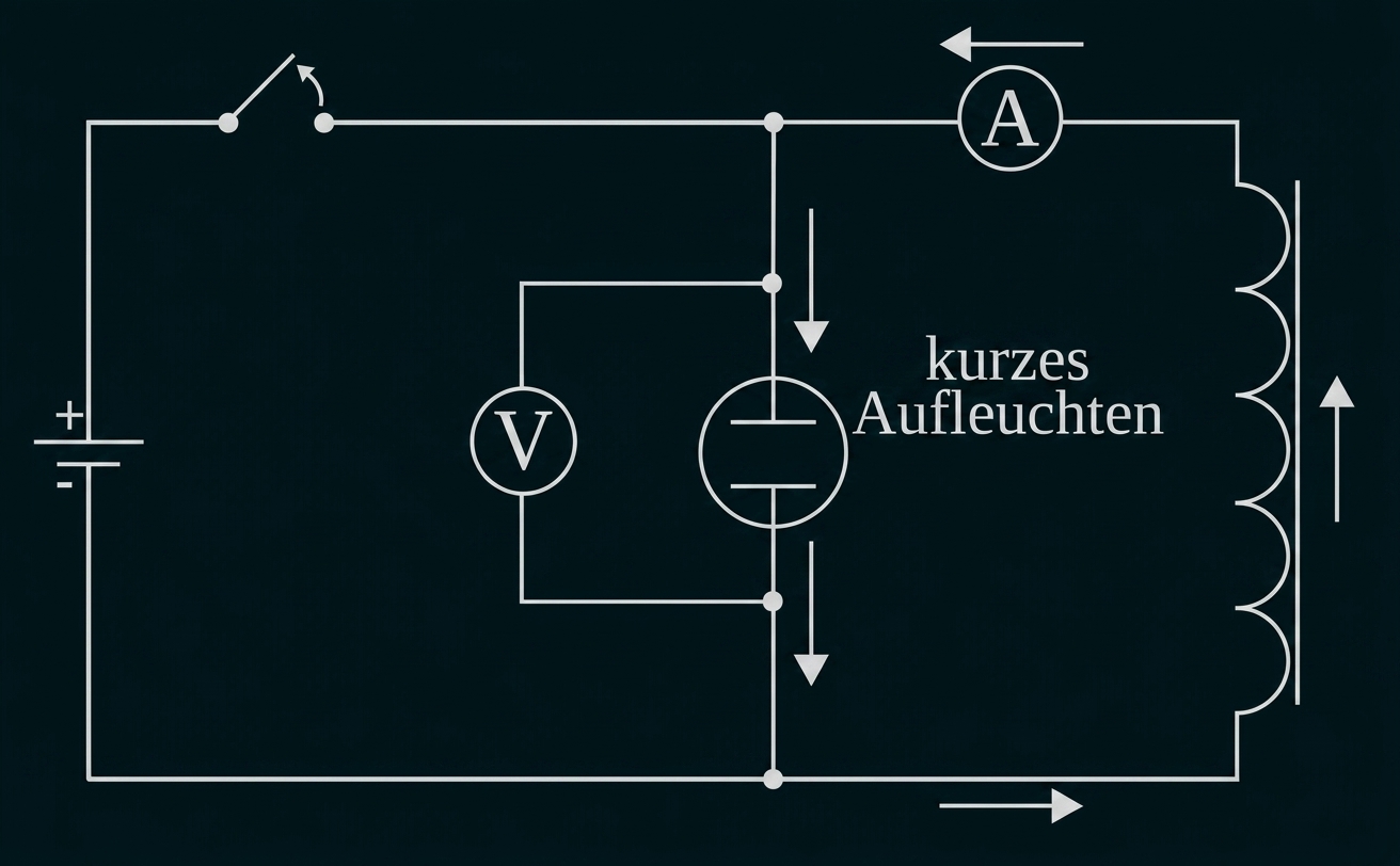 Schaltbild mit Batterie, Amperemeter, Voltmeter und Lampe, die kurz aufleuchtet.