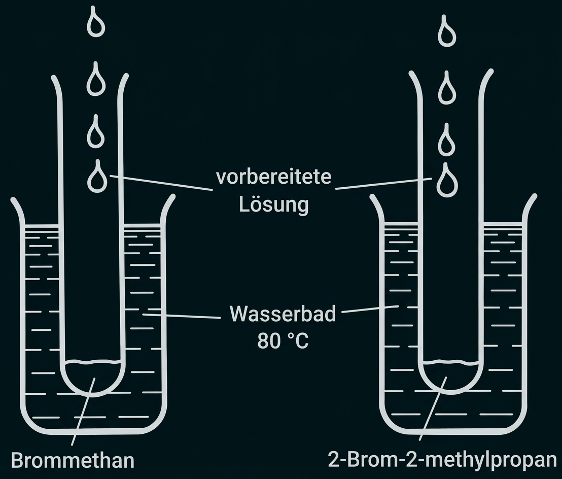 Siedediagramm zur Herstellung von Bromethan und 2-Brom-2-methylpropan im Wasserbad bei 80 °C