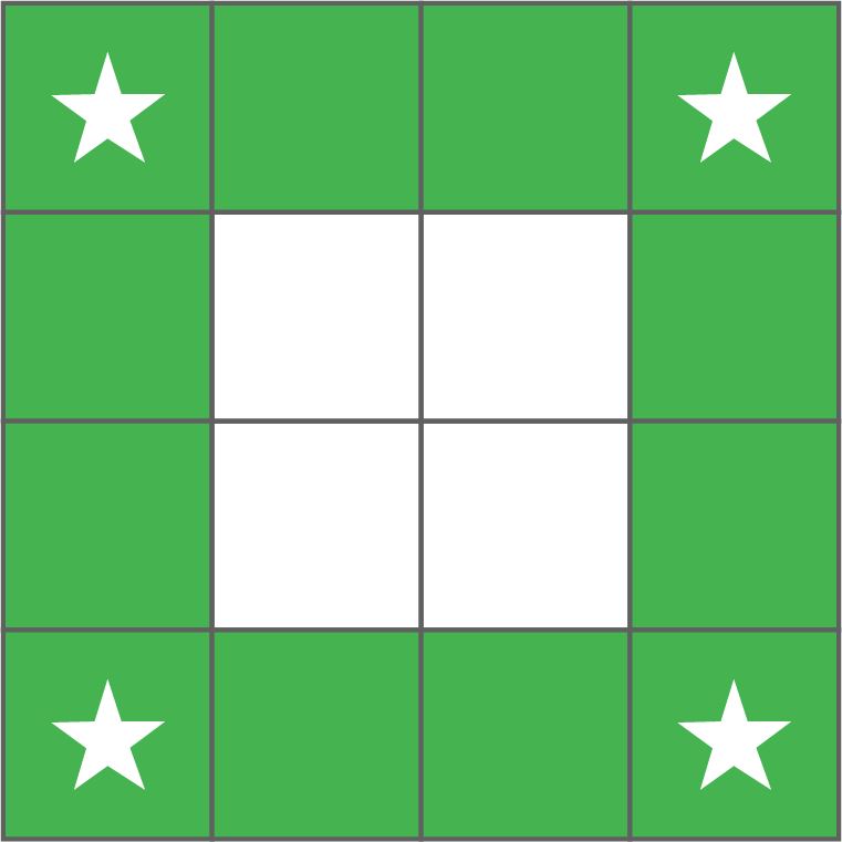 Grünes 4x4-Gitter mit weißer 2x2-Mitte und weißen Sternen in den vier Ecken