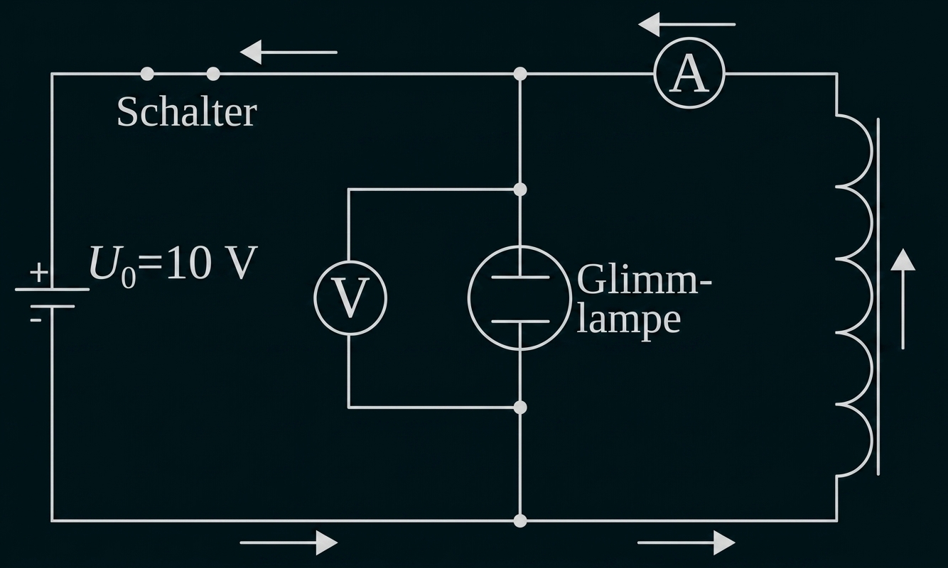 Schaltplan mit Batterie, Schalter, Glimmlampe und Messgeräten