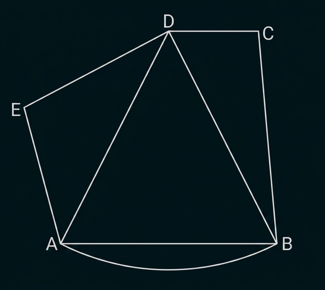 Geometrische Zeichnung mit Punkten A–E: Dreieck D‑A‑B, gebogene Basis AB und seitliche Linien zu C und E