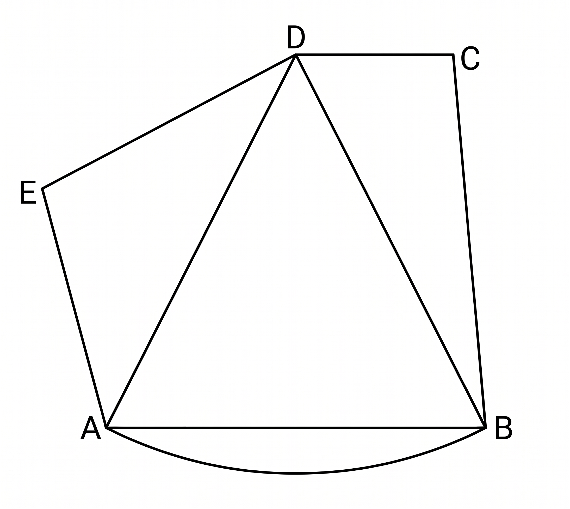 Geometrische Zeichnung mit Punkten A–E: Dreieck D‑A‑B, gebogene Basis AB und seitliche Linien zu C und E
