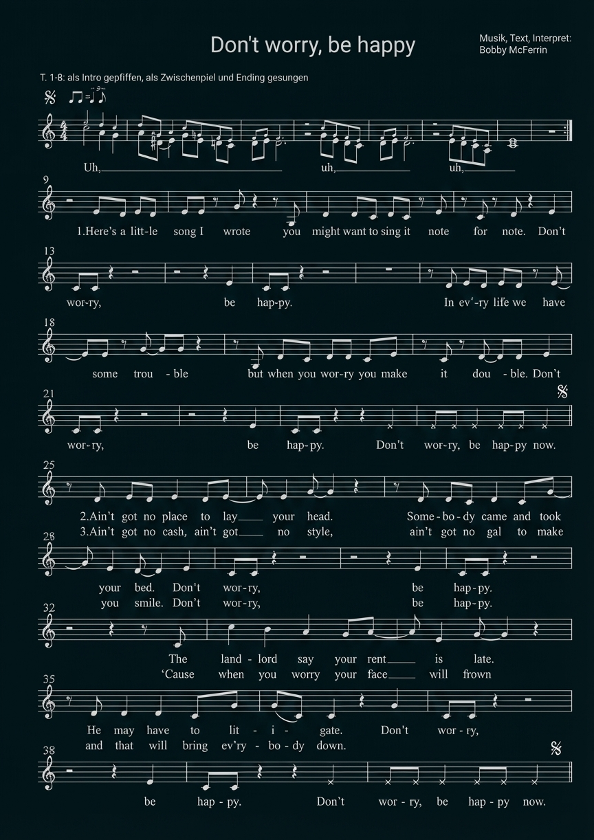 Notenblatt für Don't worry, be happy — Melodie mit Liedtext und Taktangaben