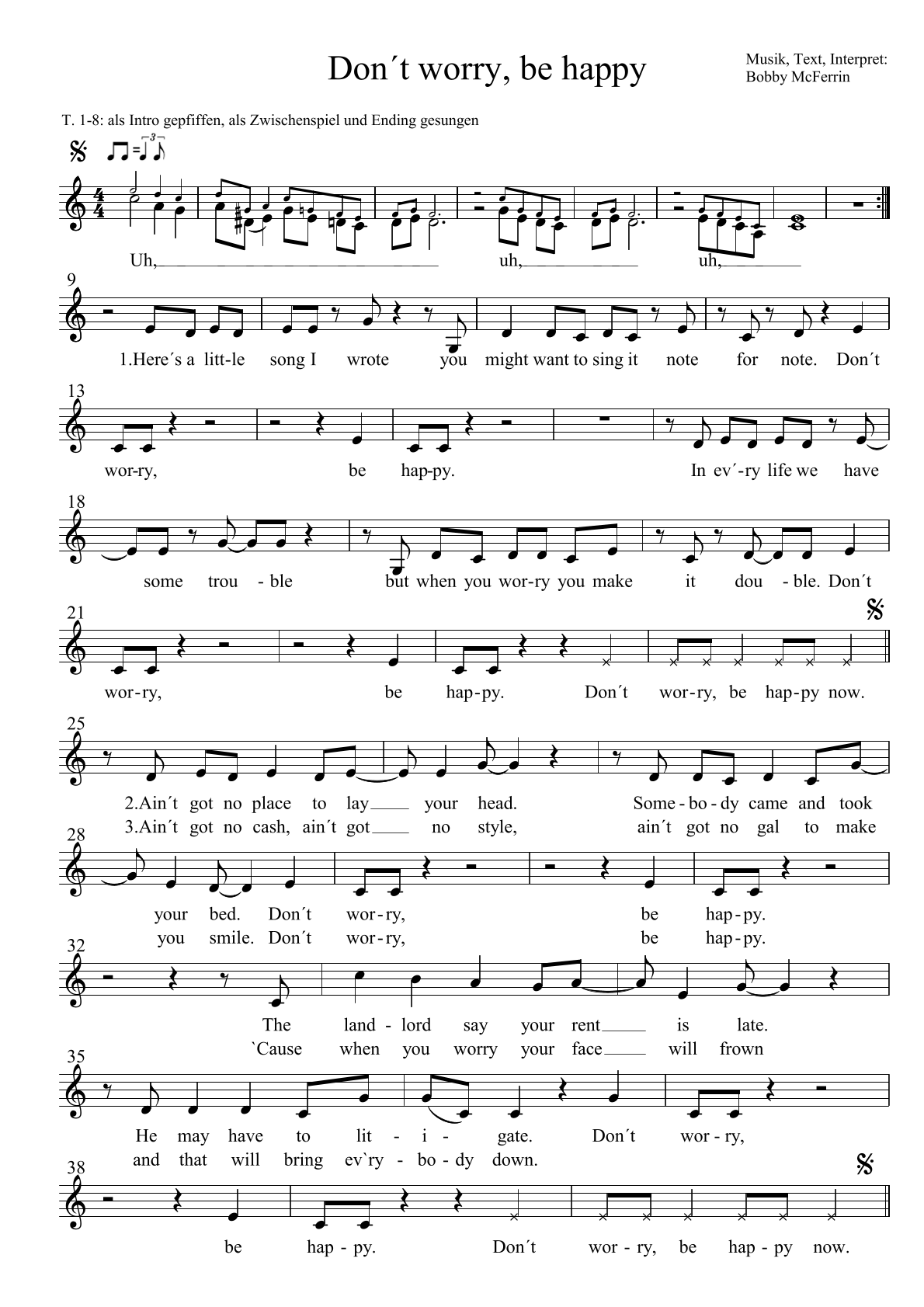 Notenblatt für Don't worry, be happy — Melodie mit Liedtext und Taktangaben