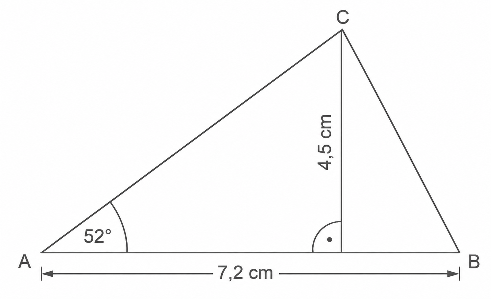 Geometrische Skizze eines Dreiecks mit Basis 7,2 cm, Höhe 4,5 cm und linkem Winkel 52°.