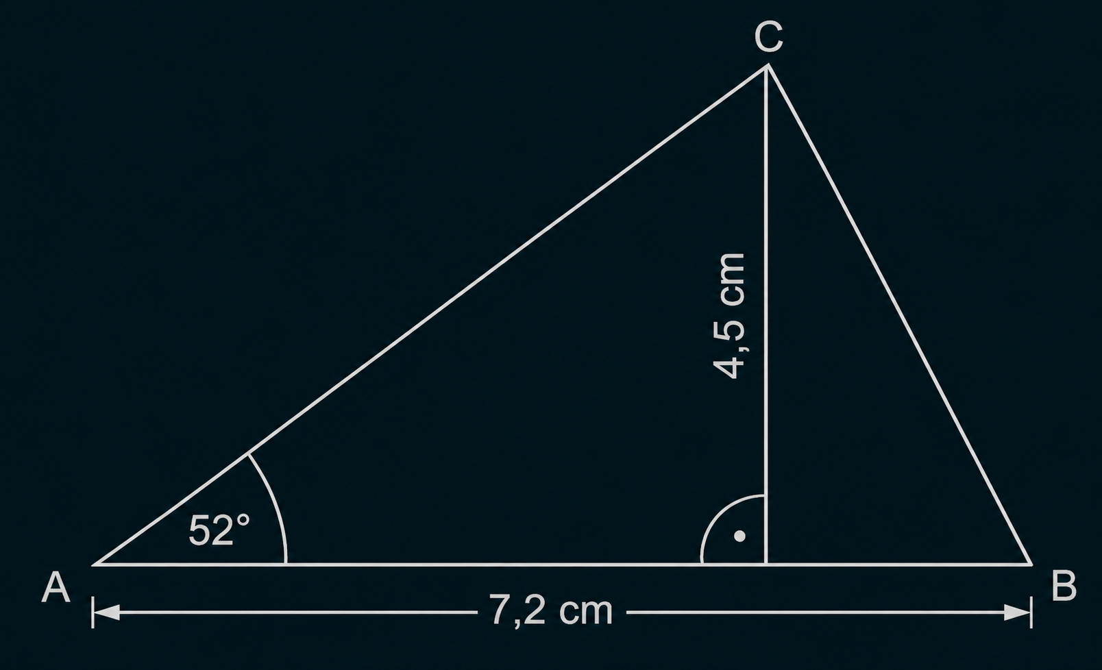 Geometrische Skizze eines Dreiecks mit Basis 7,2 cm, Höhe 4,5 cm und linkem Winkel 52°.